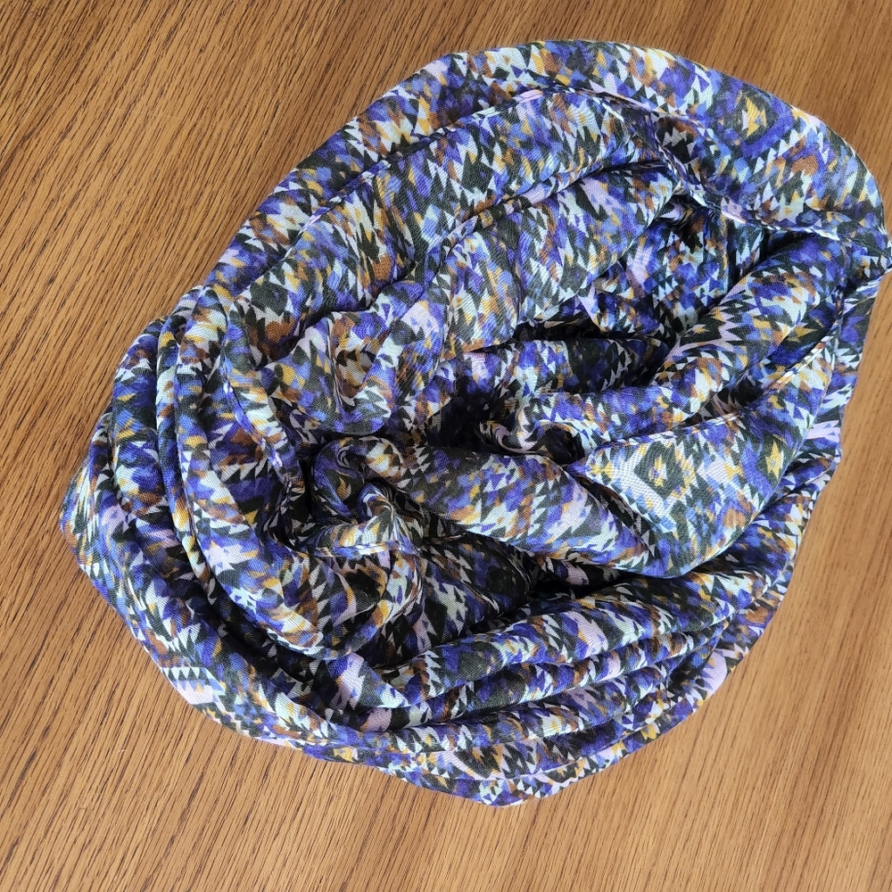 Geometric Aztec Printed Gauzy Infinity Scarf in Purple, White, Green, Yellow